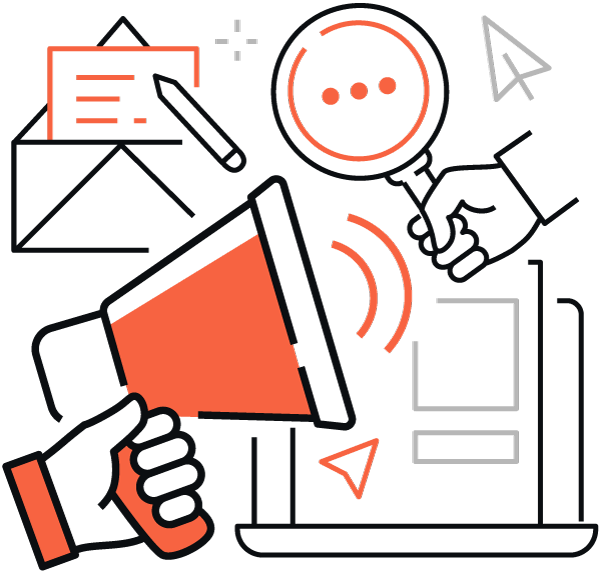 Mag-import ng muling pagbebenta ng graphic na paglalarawan ng isang digital na tool sa pagmemerkado sa isang orange at itim na scheme ng kulay, kabilang ang mga cross-border na e-commerce megaphone, mga icon ng paghahanap, mobile, at mga dokumento.